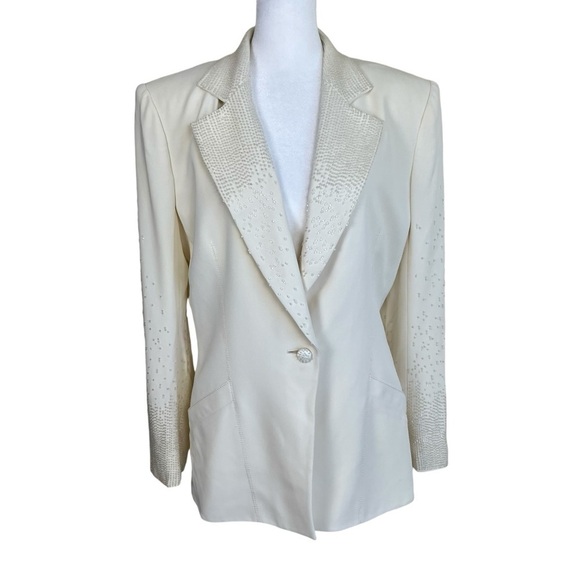 Emanuel Ungaro Vintage Beaded Blazer Ivory Silk-blend Elegant Glam Dressy Sz 12 - Picture 1 of 16